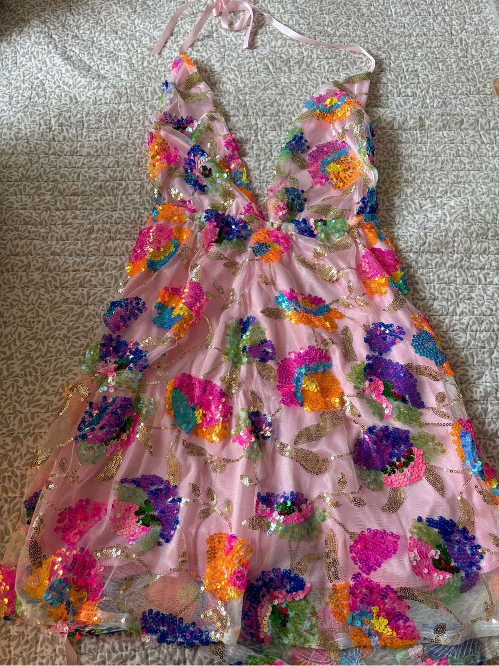 Pink Floral Sequin Halter Mini Dress - Picture 2 of 3